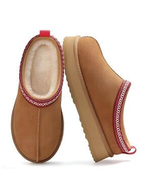 Genuine Suede Platform Slippers for Women, Fuzzy Winter Warm Shoes - F2
